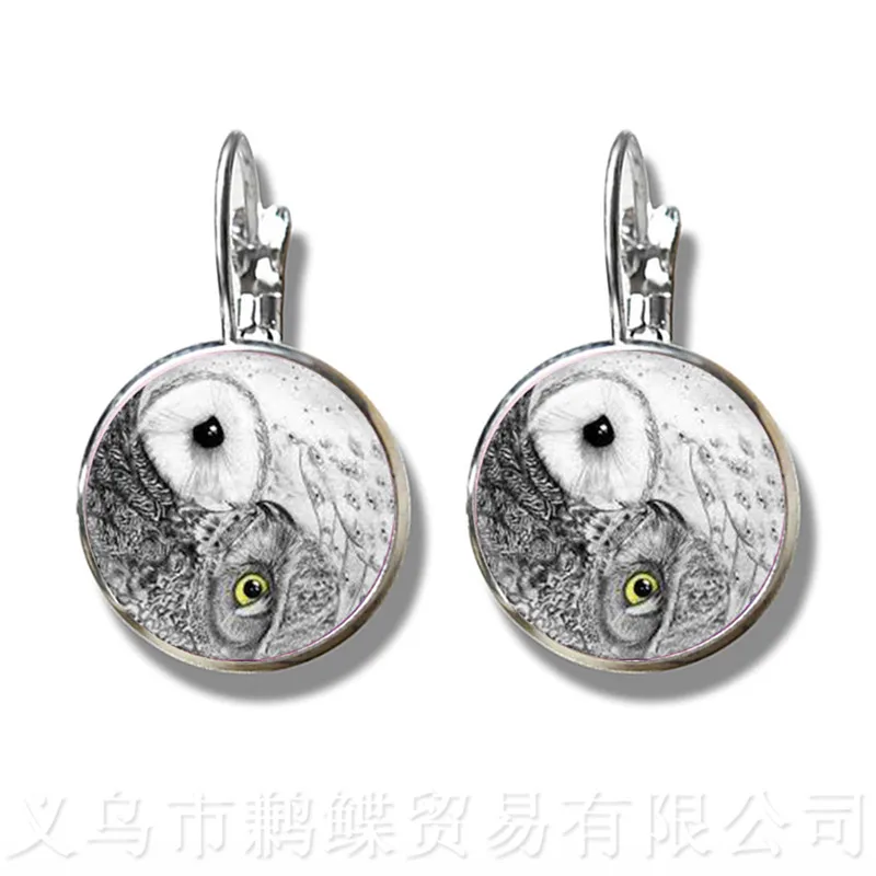 Owl Pattern Classic Stud Earrings Insect Art Picture 16mm Glass Cabochon Dome Silver Plated Earrings For Women Girls Gift