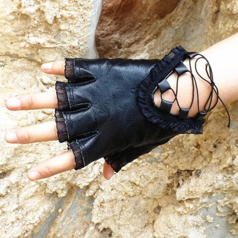 Fashion Women Black Half Finger Soft Sheepskin Gloves Sexy Lace Genuine Leather Fingerless Gloves Ladies Dance Costume Glove S59