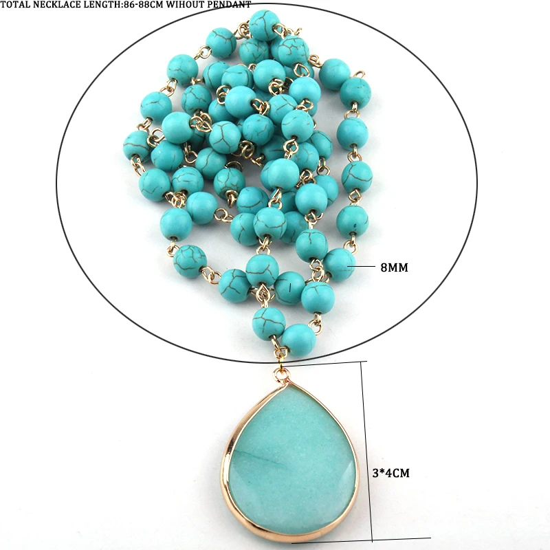 Fashion Bohemian Jewelry White/Blue turquoise/Pink Stone Rosary Chain Link Stone Drop Pendant Necklaces For Women