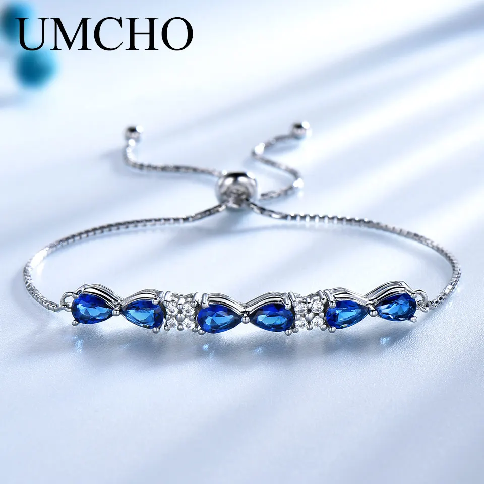 UMCHO Blue Sapphire 925 Sterling Silver Bracelets For Women Gemstone Box Chain Adjustable Bracelet Female Christmas Jewelry