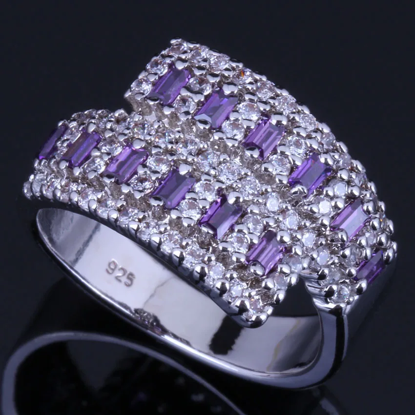 Superb Purple Cubic Zirconia White CZ Silver Plated Ring V0670