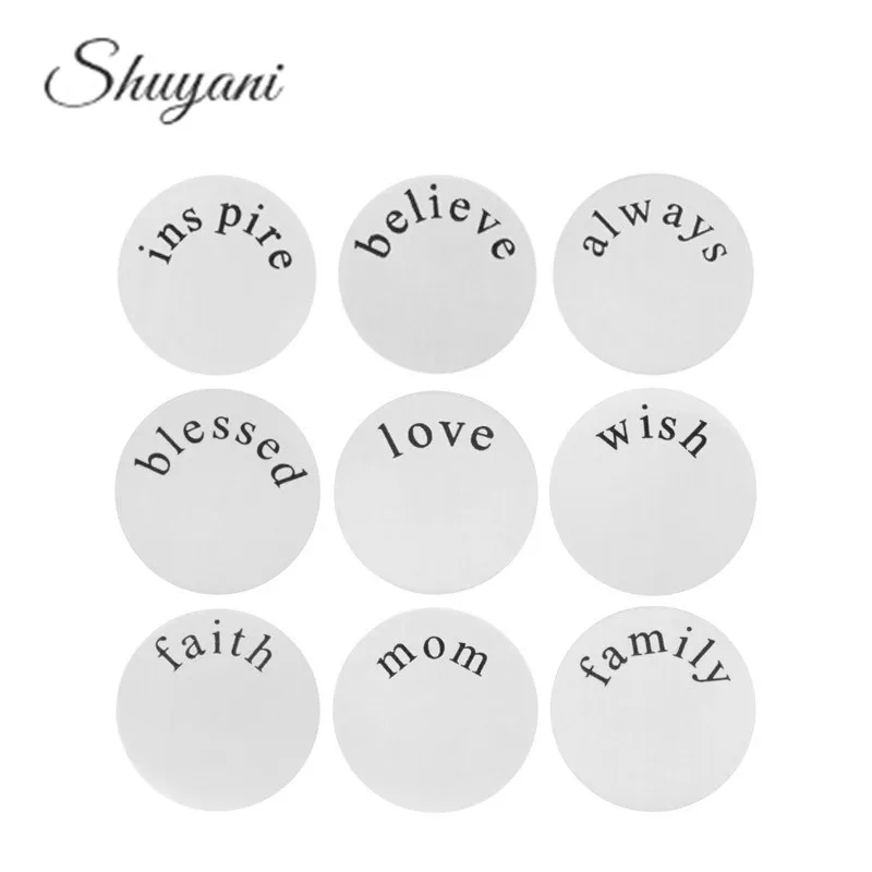 10Pcs Stainless Steel Round Inspiring Words Believe Family Love Floating Window Plates Charms Fit Locket Necklaces Jewelry Bulk