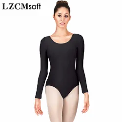 LZCMsoft Women Scoop Neck Long Sleeve Leotard Bodysuit Spandex Nylon Black Gymnastics Leotards Ballet Dancewear Short Unitards