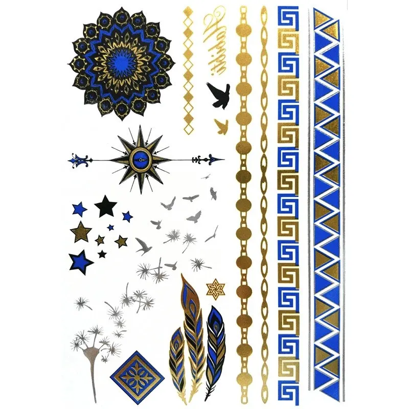 Temporary golden silver tattoos stickers blue mandala tattoos  body art flash tattoo paste makeup girls waterproof  fake tattoos