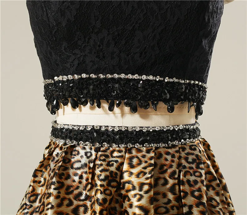 New Two Piece Long Prom Dresses Leopard grain 2 Piece Evening Prom Gowns Crystal Beads Wedding Party Gown