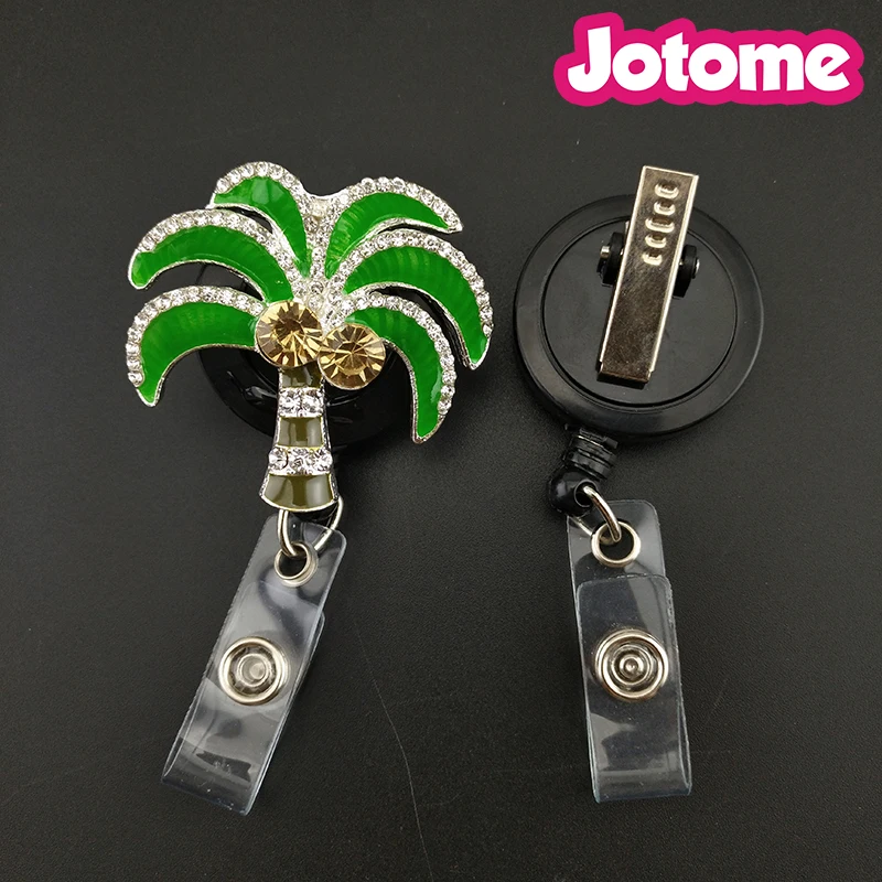 100pcs/ Summer Coconut Palm Tree Green Enamel Rhinestone Nurse Gift Retractable Name ID Badge Reel Holder