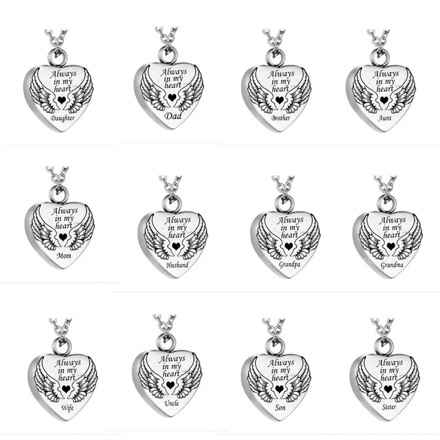 JJ001 Angel Wing Heart Stainless Steel Cremation Urn Necklace Hold Loved Ones Ashes -Dad/Mom Always In My Heart Memorial Pendant