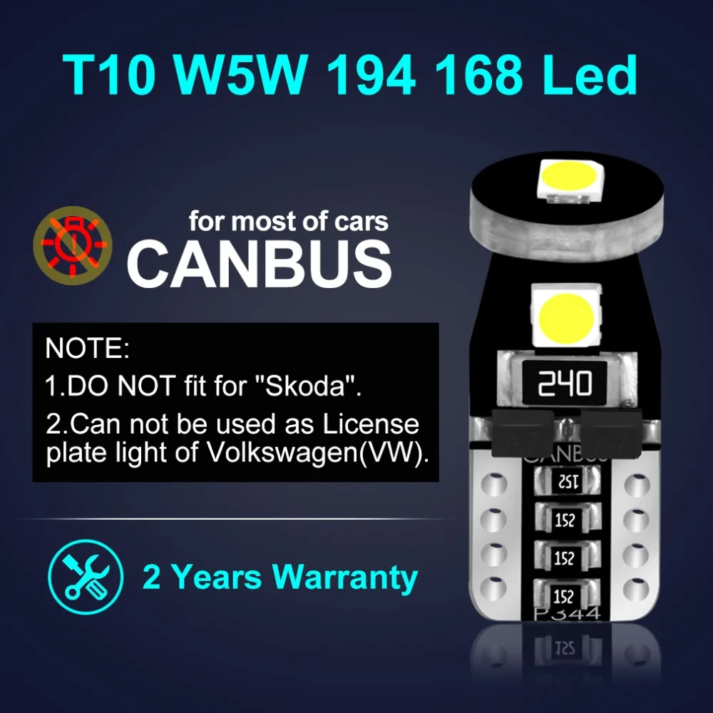 10pcs T10 W5W LED 194 168 Canbus Error Free LED Bulbs 3030 Chips Car Interior Door Reading Lights Parking Lamp 6000K Auto 12V