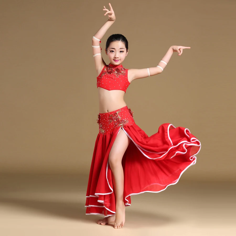 Ropa de danza del vientre para niños, traje Oriental, Top y falda, conjunto de traje de danza del vientre para niñas