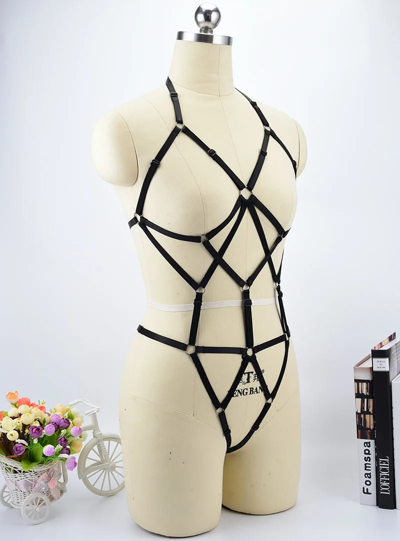 Sexy Black One Piece Body Harness Set Harajuku Punk Body Bondage Harness Bra Fetish Harness Dress Body Cage Harness Panties