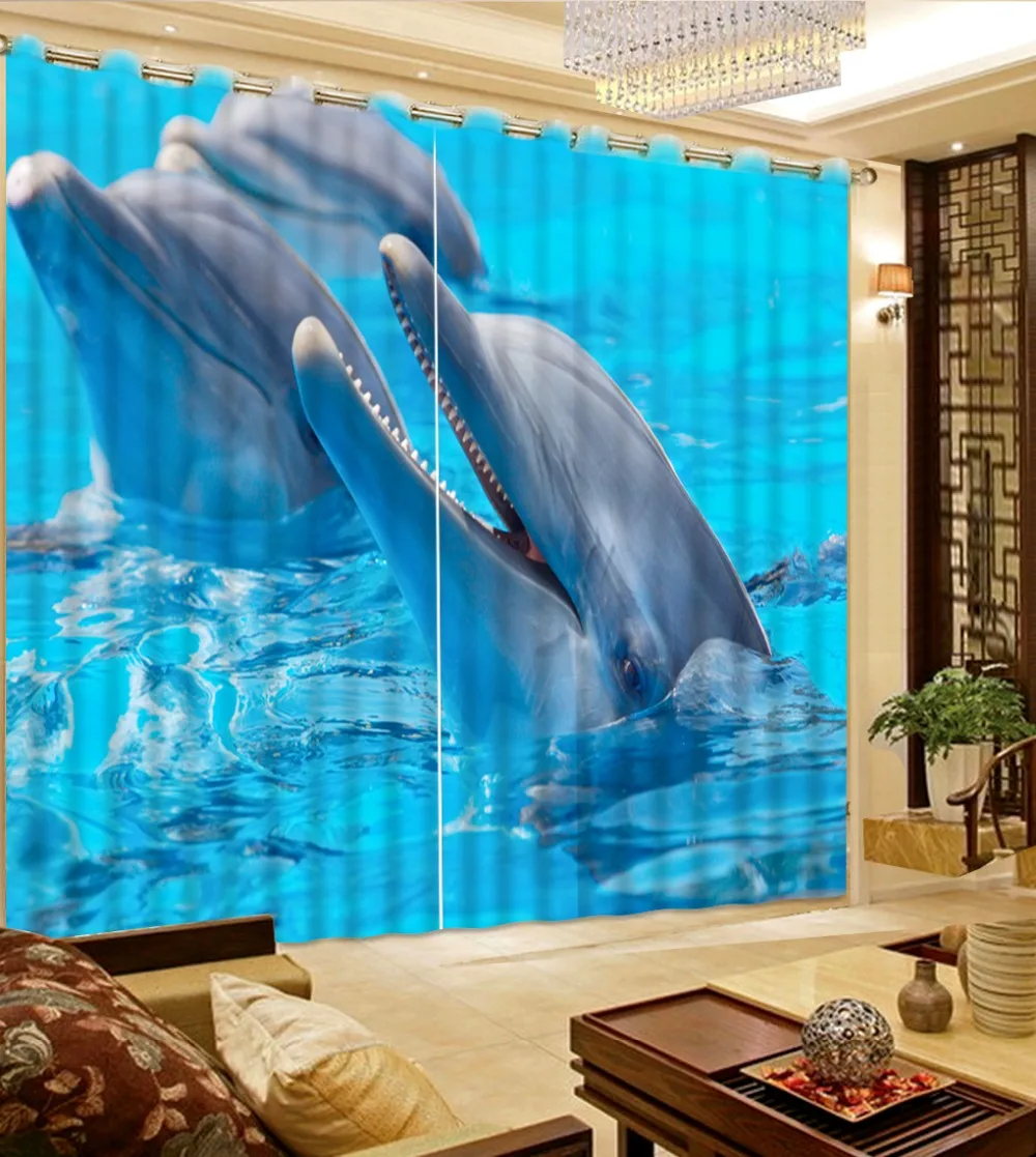 

Print 3D Blackout Curtains For Living Room Bedding Room Drapes Cortinas Para Sala Dolphin Waves Blue