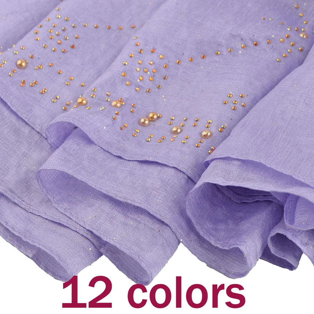 Moda Mujer Linen Silk Pearls Studs Scarf,Muslim Plain Hijab,Shawls and Scarves,Glitter Scarves,Rhinestone Wraps,Head Bandana