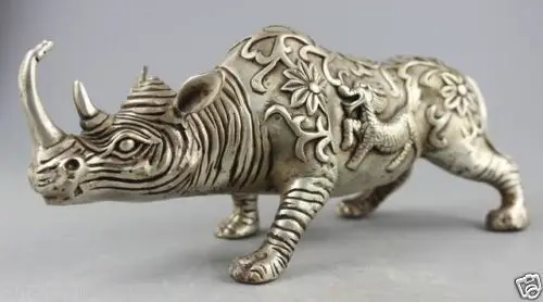 

Collectible Old Handwork Tibet Silver Carved Kirin&Big Rhinoceros Statue copper Silver Bronze Brass Statue