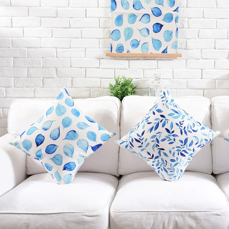 Mediterranean Watercolor Blue Christmas Pillow Cover Geometric Linen Cushon Cover Sofa Home Decorative Throw Pillows
