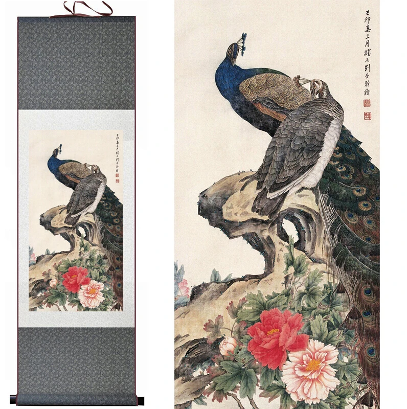 

peacock and flower painting Home Office Decoration Chinese scroll painting traditional birds and flower painting Chinese