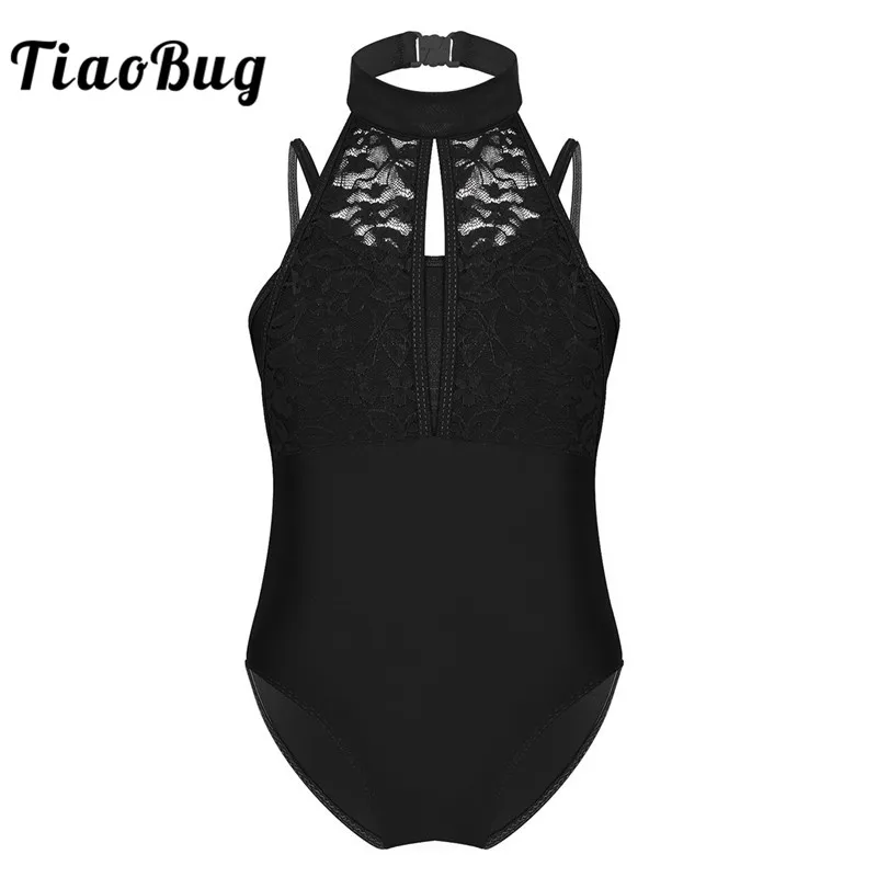 TiaoBug-ropa de baile para niños y niñas, traje deportivo con tirantes finos, cuello de tortuga, transparencia de encaje, malla de Ballet, gimnasia