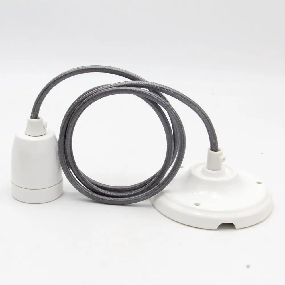 E27 Ceramic Lamp Holder With Ceiling Rose Textile Cord Ceiling Pendant Light for Indoor Decor Lights