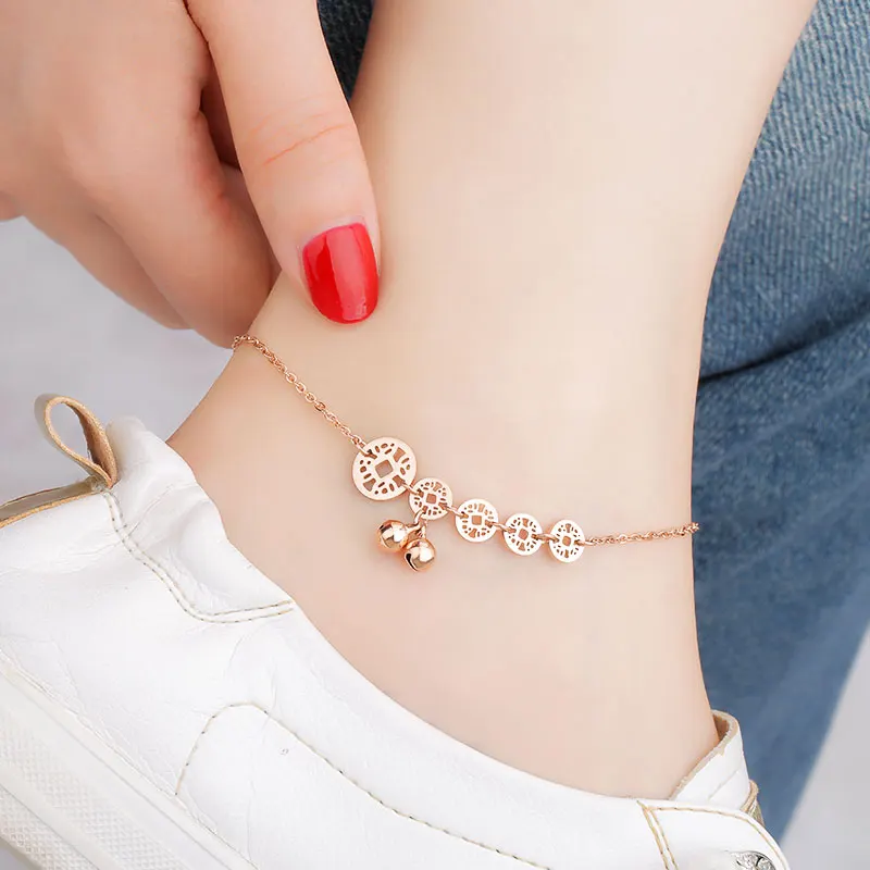 Chinese Ancient Coin Bells Anklet for Women Lucky Wealth Antique Rose Gold Color Titanium Steel Jewelry Summer Beach(GA115)