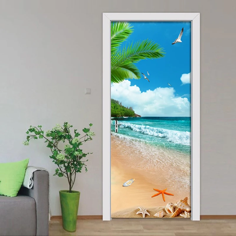 Refreshing Beach Coconut Tree Living Room Study Bedroom Door Decor Sticker Wall Paper Mural PVC Self-adhesive 3D Decals