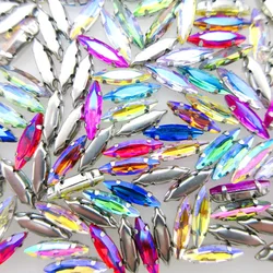 AB Colors Silver claw 4*15mm slim Navette Horse eye shape glass Crystal Sew on rhinestones garments shoes sewing accessories diy