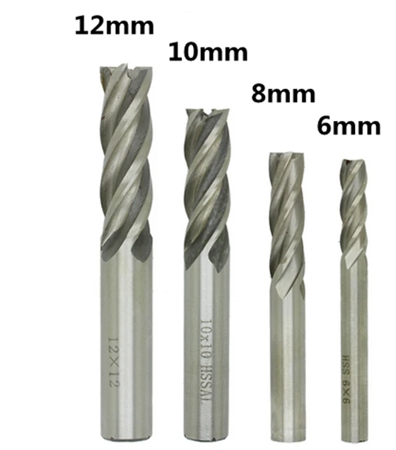 4Pcs Carbide End Mill HSS 4 Flutes 6mm-12mm Diameter Milling Cutter Straight Shank Router Bit Set CNC Tools