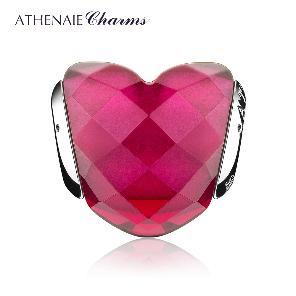 ATHENAIE Original 925 Sterling Silver Heart Shape of Love Fuchsia Beads for Charms Bracelet Jewelry Valentine's Mother's Day GIF