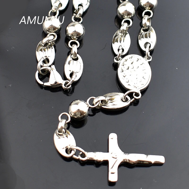 AMUMIU 316L Stainless Steel Mens Beads Fashion Rosary Necklace+Cross Pendant Jesus HN090