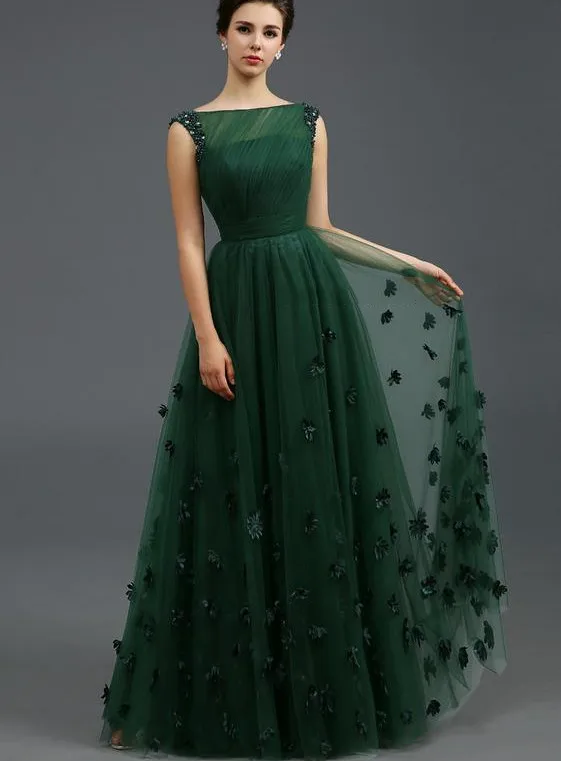 Vestido de festa longo, verde escuro, com pérolas e flores, linha a, vestido de noite, elegante, formal, 2019, vestido de baile