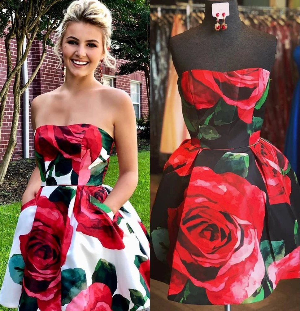 Floral Print Roses Homecoming Dress 2024 Short/Mini Hoco Ball Gown vestido de formatura with Pockets Cute Graduation Dress