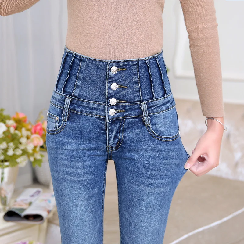 Jean skinny taille haute pour femme, pantalon crayon long, denim élastique, croix au dos, automne, printemps