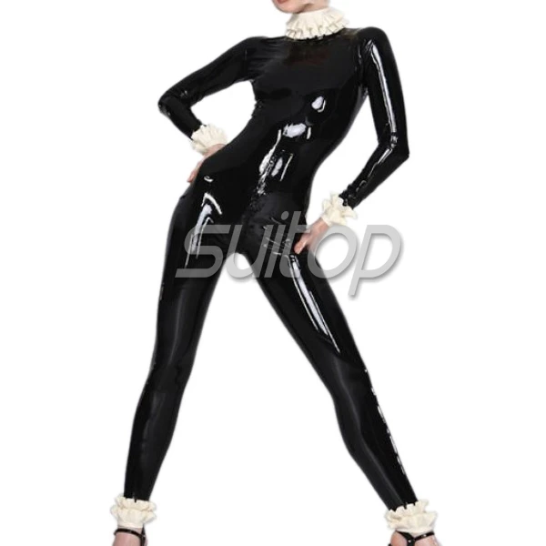 

hot sell 100% nature lovely latex jumpsuit black latex rubber catsuit with lacework for woman