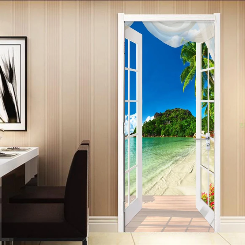 PVC Self-Adhesive Waterproof Door Sticker 3D Seaside Landscape Mural Photo Wallpaper Living Room Creative DIY Decor Stickers 3 D