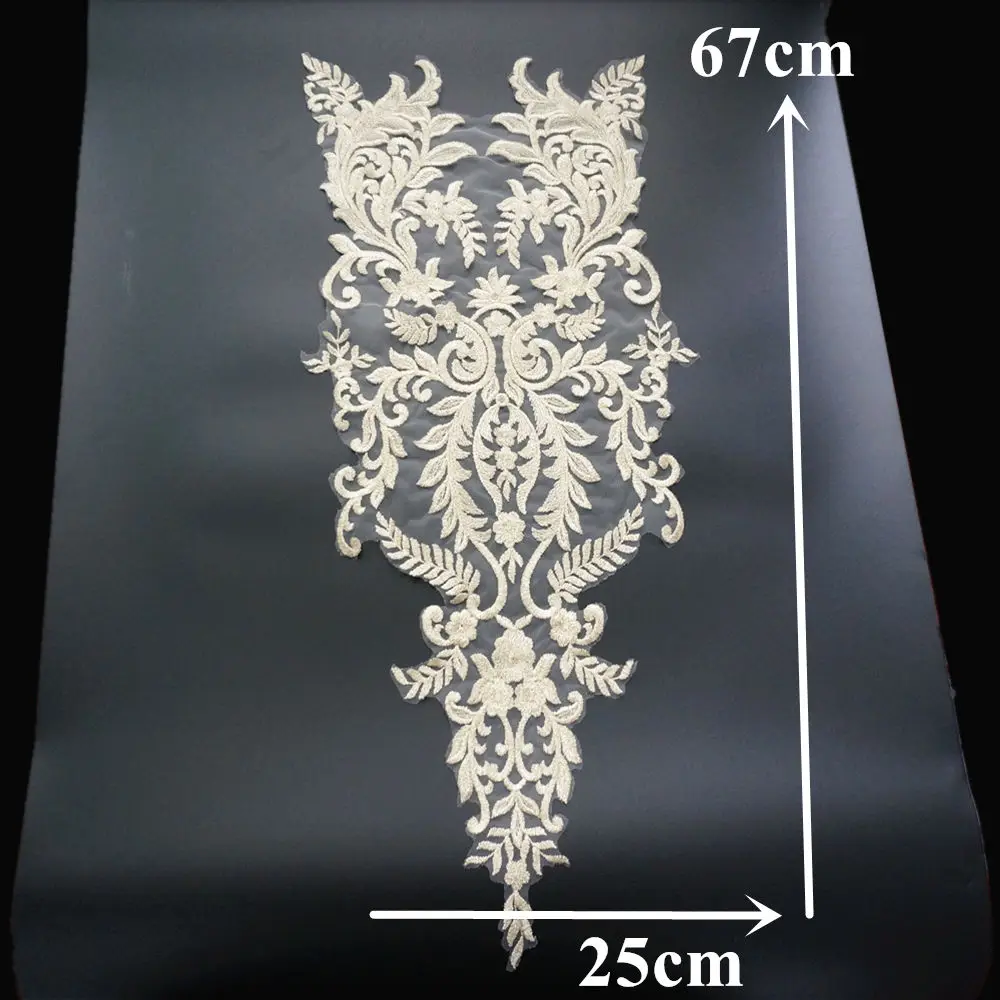 Light Gold Embroidery Lace Applique Flower Fabric Lace Trim Sewing Collar Patch Wedding Gown Dress Bridal DIY Clothes Crafts