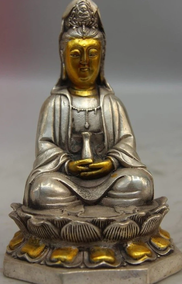 China White Copper Silver Lotus seat Kwan-yin Guanyin Bodhidattva Buddha Statue