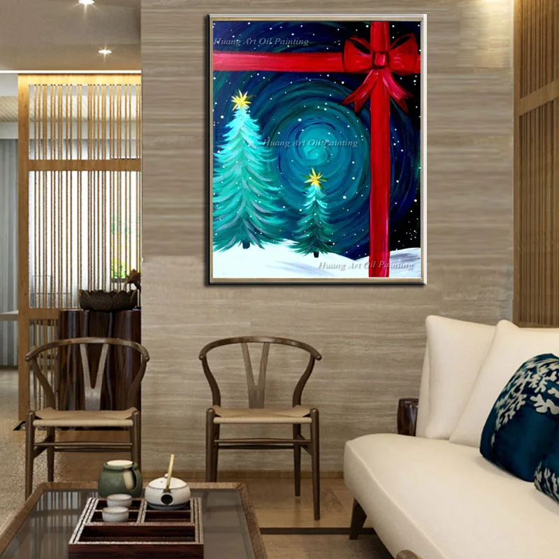 Hand Painted Christmas Tree Painting on Canvas Modern Starry Sky Landscape Bowknot Oil Painting for Christmas Decoration Gift