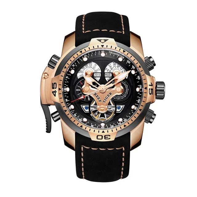 Reef Tijger Aurora Serier RGA3503 Mannen Sport Militaire Multifunctionele Wijzerplaat Automatische Mechanische Polshorloge-Lederen Horlogeband