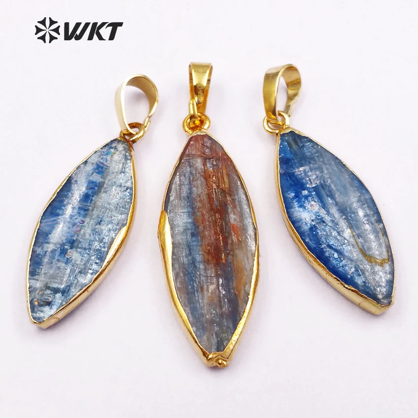 

WT-P574 Wholesale fashion pendants jewelry natural blue kyanite raw long oval stone in high quality with single loop