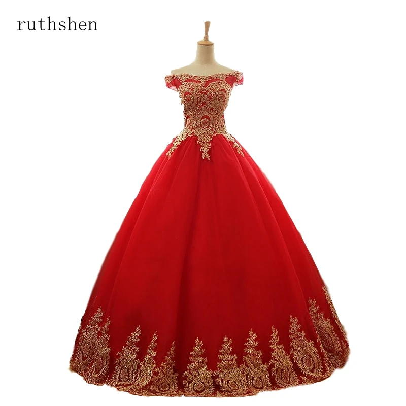 

ruthshen Ball Gown Gold Appliques Quinceanera Dresses Red Black Off The Shoulder Vestidos De 15 Sweet Sixteen Debutante Dress