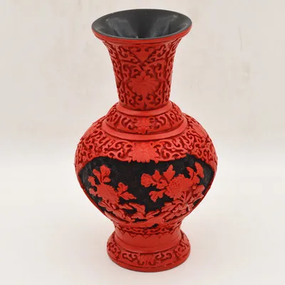 

10 inch / Exquisite Chinese Classical Traditional Technology Red Lacquerware Flower Bird Designs Auspicious Vase No.7