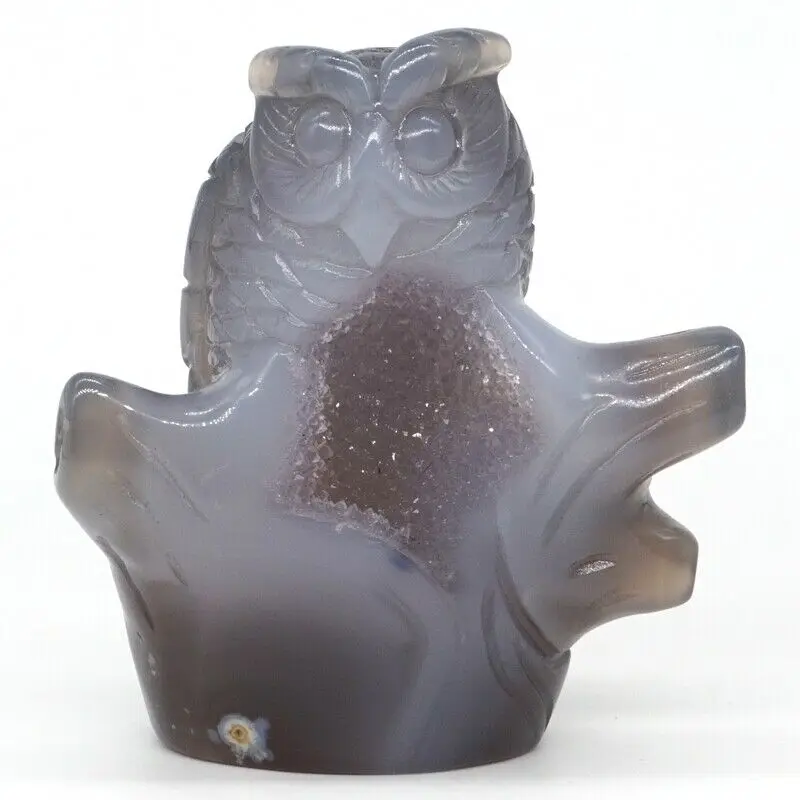 

3.8" Owl Statue Natural Gem Gray Agate Geode Crystal Carved Crafts Home Decor