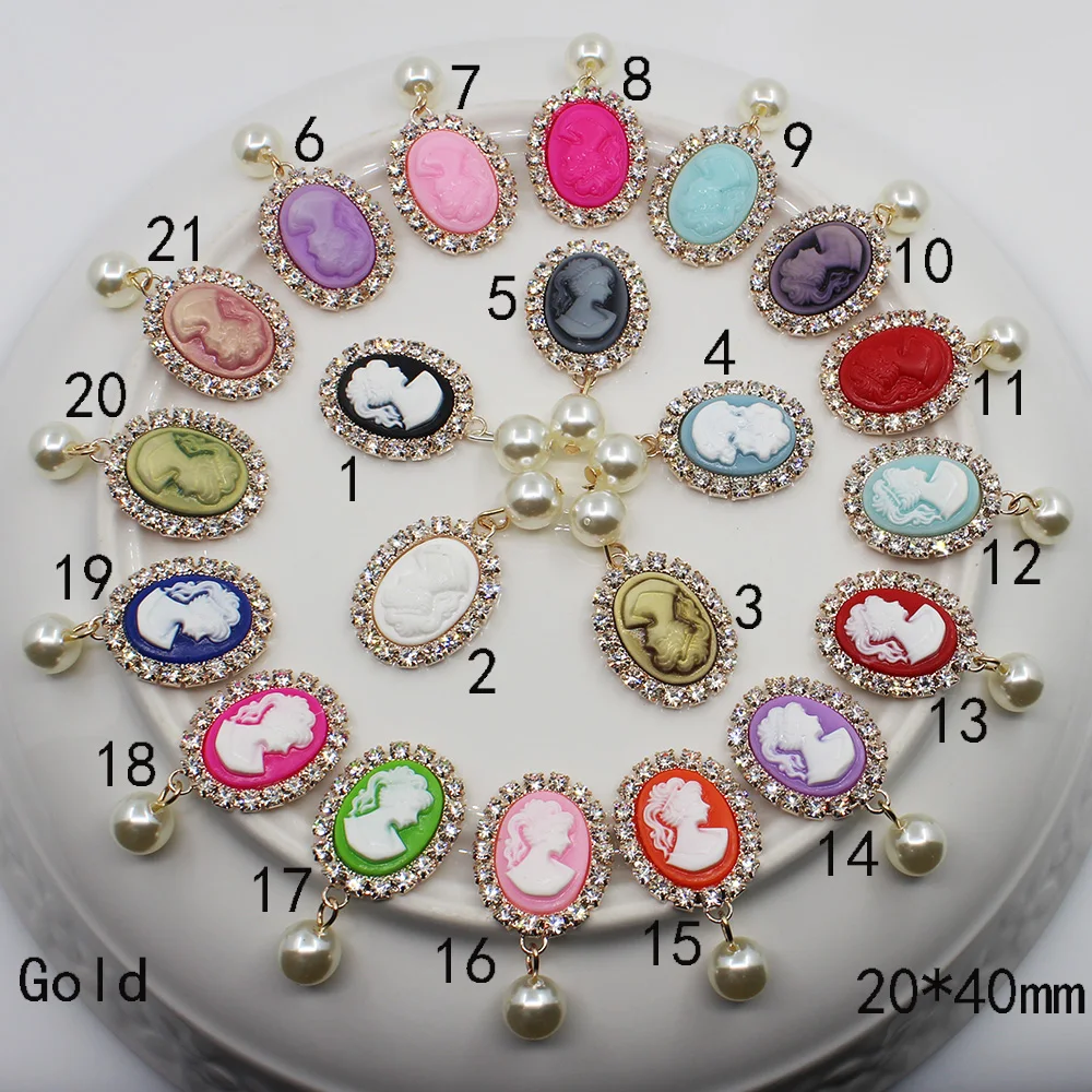 Golden Resin Rhinestone Pearl Button, Clothes Metal DIY Hair Flower Craft Supplies Wedding Charm Beauty Avatar 20x40mm 10Pcs