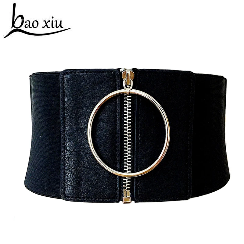 

new brief leather belt female wide elastic belt decoration big metal Circle ring fashion cummerbund strap lady's waist belt