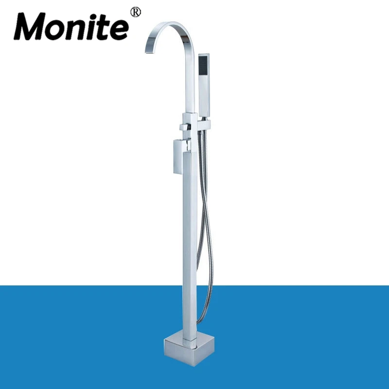 

Chrome Brass Single Lever Free Standing Bathroom Tub Faucet Set Floor Mount with Handheld Shower