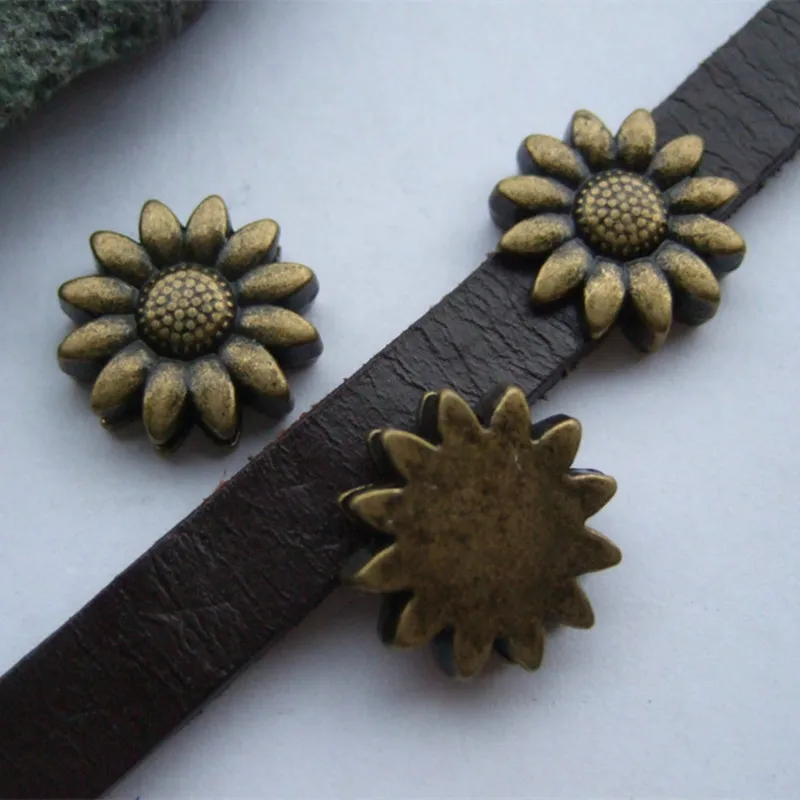 

10pcs Antique Bronze 10x2mm Sunflower Slider Spacer Beads For 10mm Flat Leather Jewelry Findings