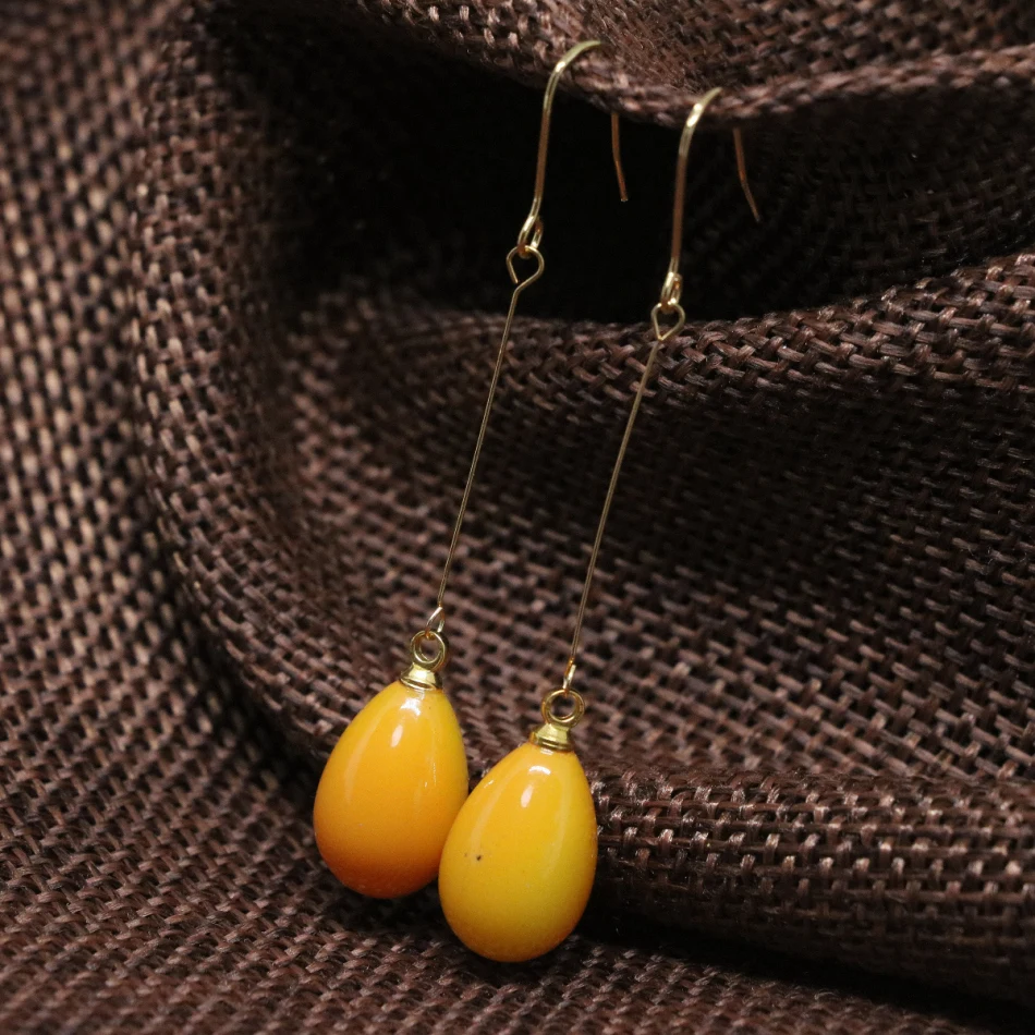 High grade yellow baking paint glass 9*13mm long earrings unique design fashion women party dangle eardrop fine jewelry B1800