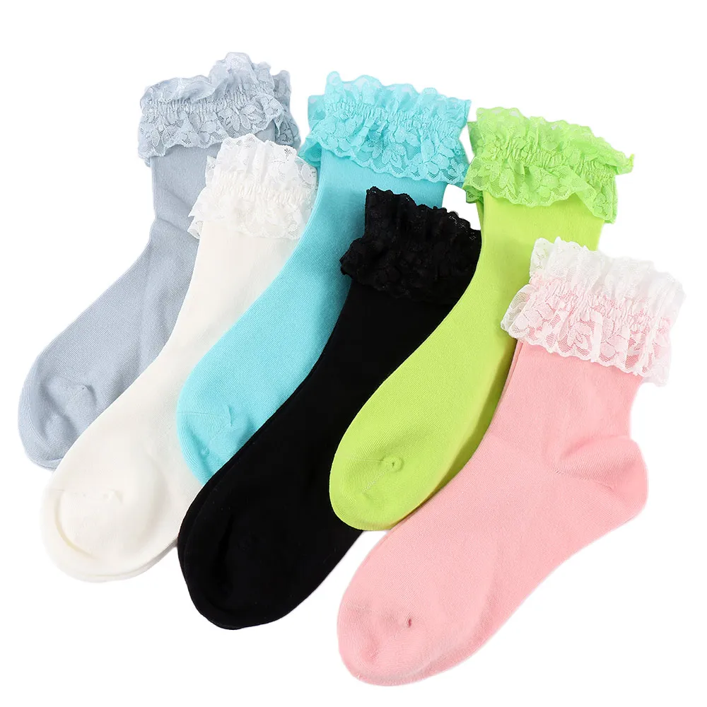 Fashion Women Vintage  Lace Ruffle Frilly Ankle Socks Ladies Princess Girl Soild Color Cotton Socks 6 Color Available Harajuku