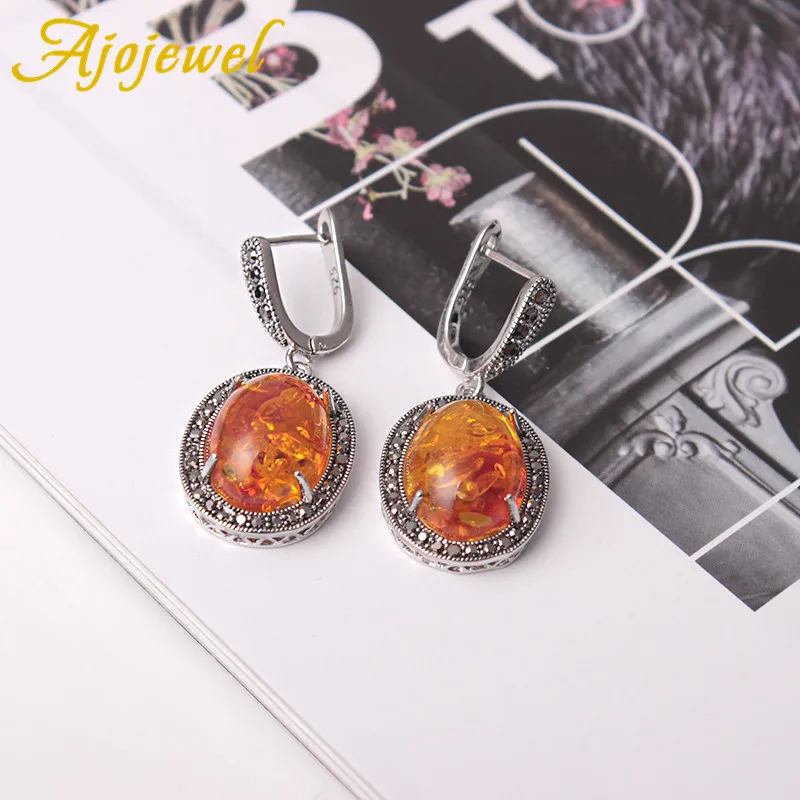 Ajojewel Simulated-amber Stone Earrings For Women Orange Bijoux Beautiful Fashion Retro Ladies Jewelry Unique Gifts