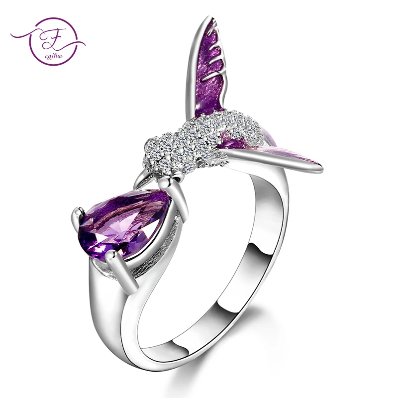 

Original Bird Design Purple Amethyst Adjustable Open Rings For Women Top Quality Fashion 925 Silver Jewelry Bohemia Wedding Ring