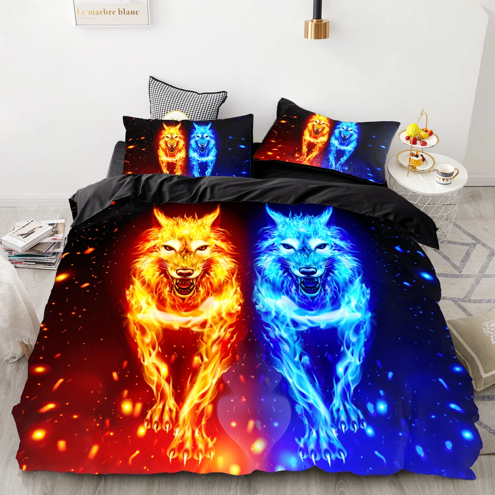 3D Print Bedding Set Custom,Duvet Cover Set King/Europe/USA,Comforter/Quilt/Blanket Cover Set,Animal fire wolf Bedclothes