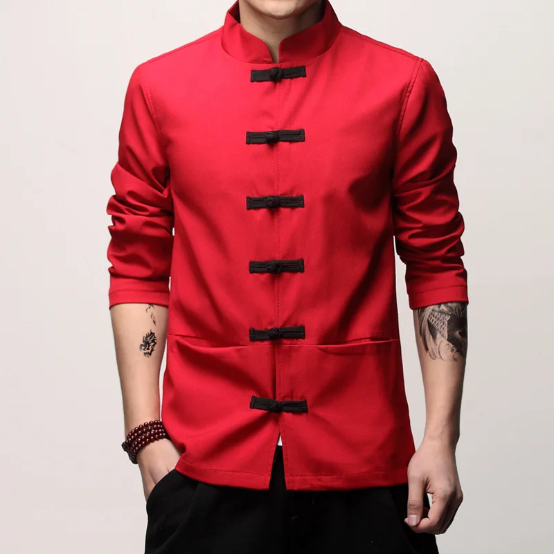 Mens Traditional Chinese Clothing Spring Autumn Solid Tang Suit Men  Kung Fu Tai Chi Master Costume  Male Tops Jackets CN-003